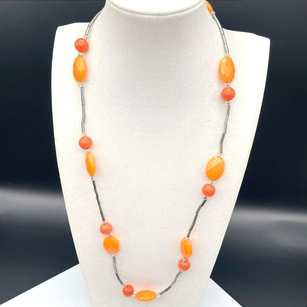 Vintage Long Necklace Orange Acrylic Resin Tube Beads Silver Tone Modern Boho